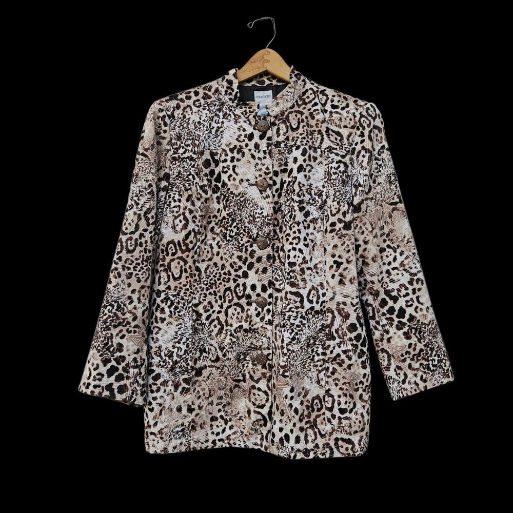 Chicos Leopard Animal Print Mid Length Jacket Blazer Size 2 L Mandarin Collar